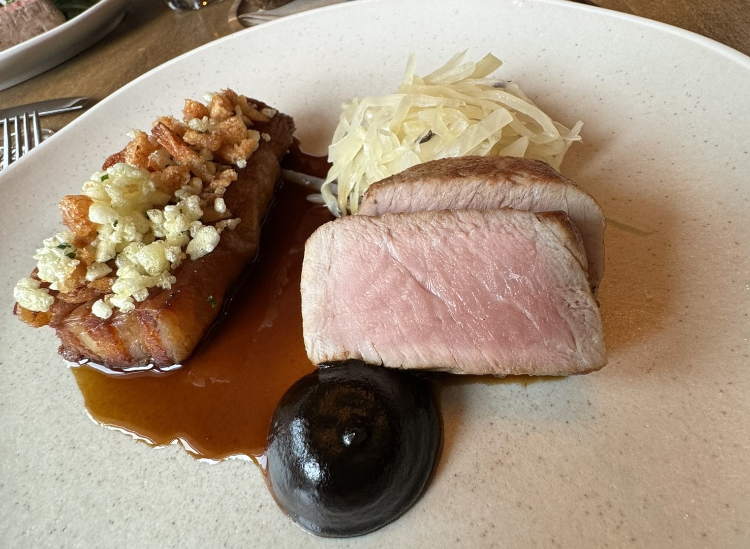 TO FOLLOW: Perthshire Pork (fillet and belly) with white cabbage, black garlic ketchup and caraway. Image: Iain Smith