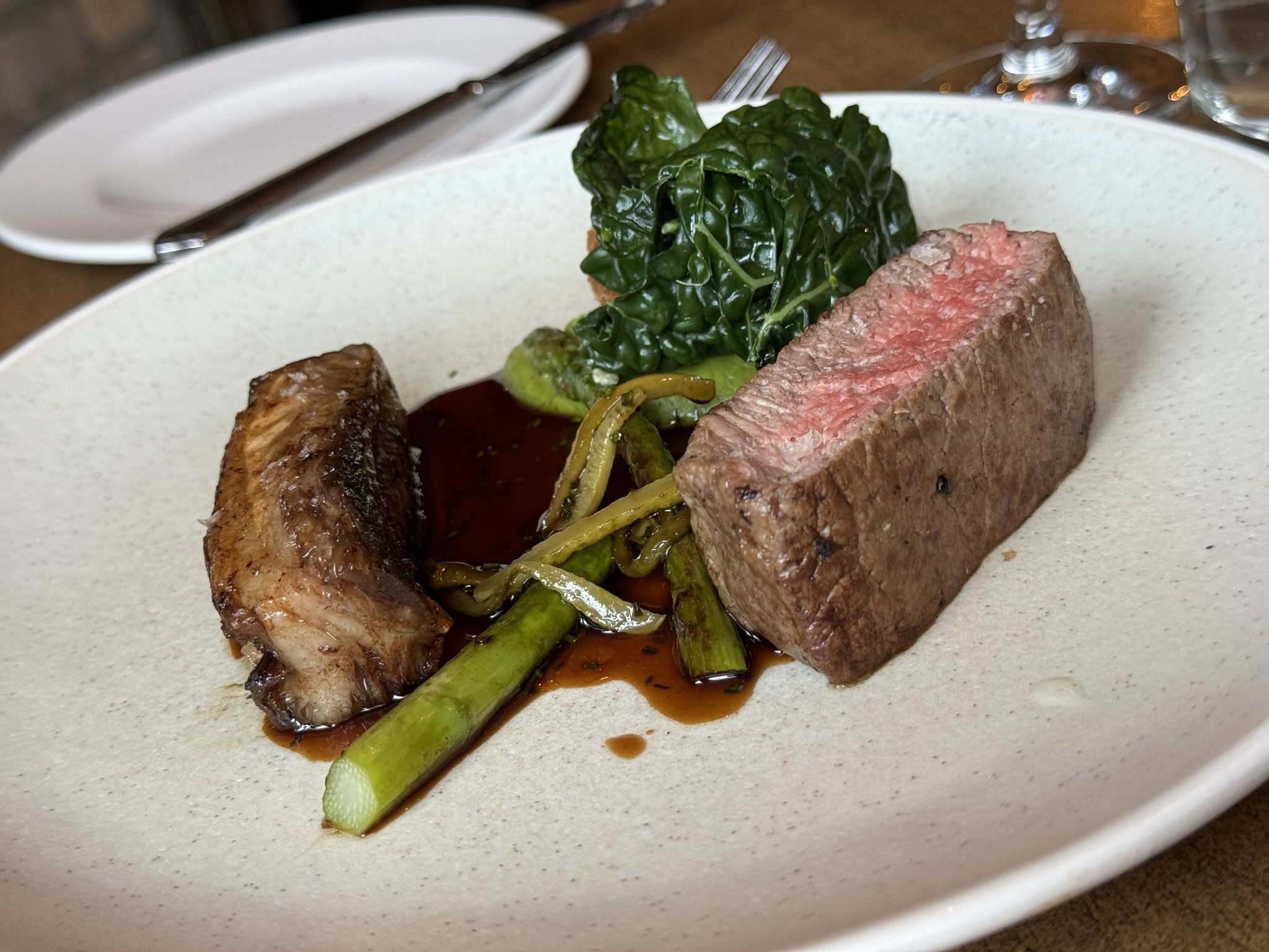 TO FOLLOW: Tweed Valley Beef (fillet and short rib) with Denhead asparagus, bone marrow and cornichons. Image: Iain Smith